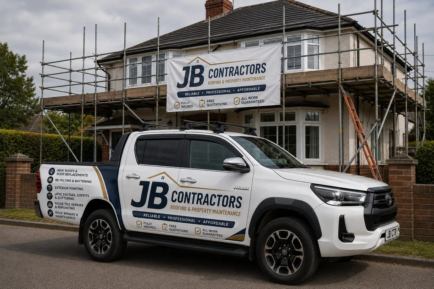 Brixham Roofing pickup truck on site at a scaffolded roofing job in Brixham